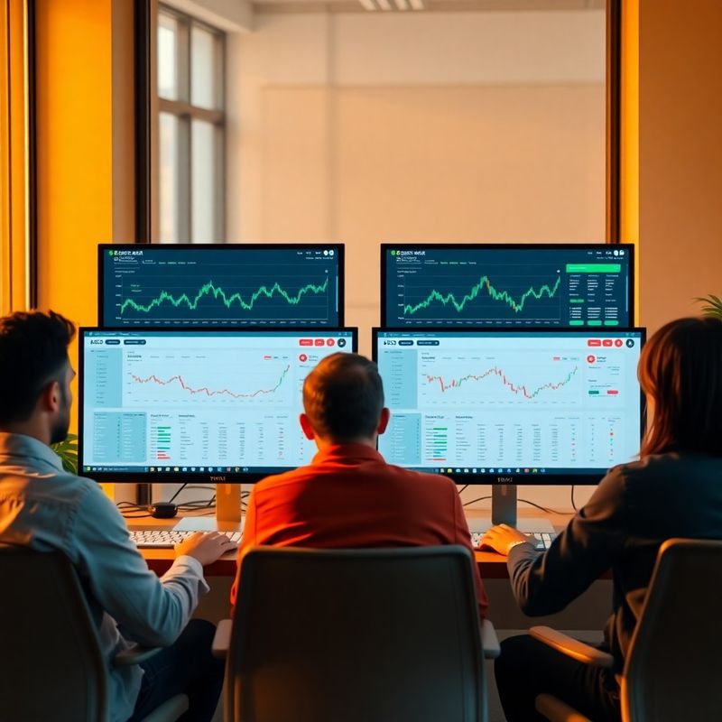 Small engineering team gathered around dual monitors showing a trading dashboard